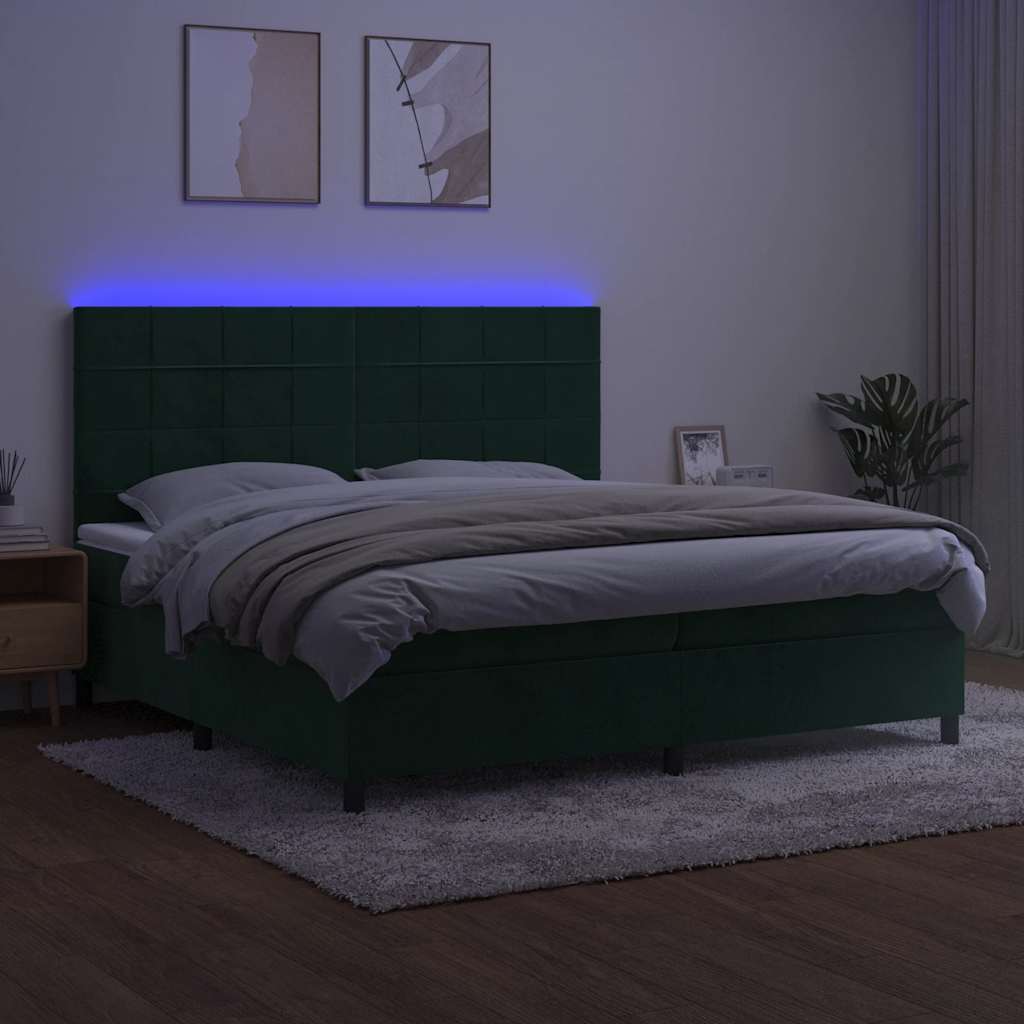Sötétzöld bársony rugós és LED-es ágy matraccal 200x200 cm 4
