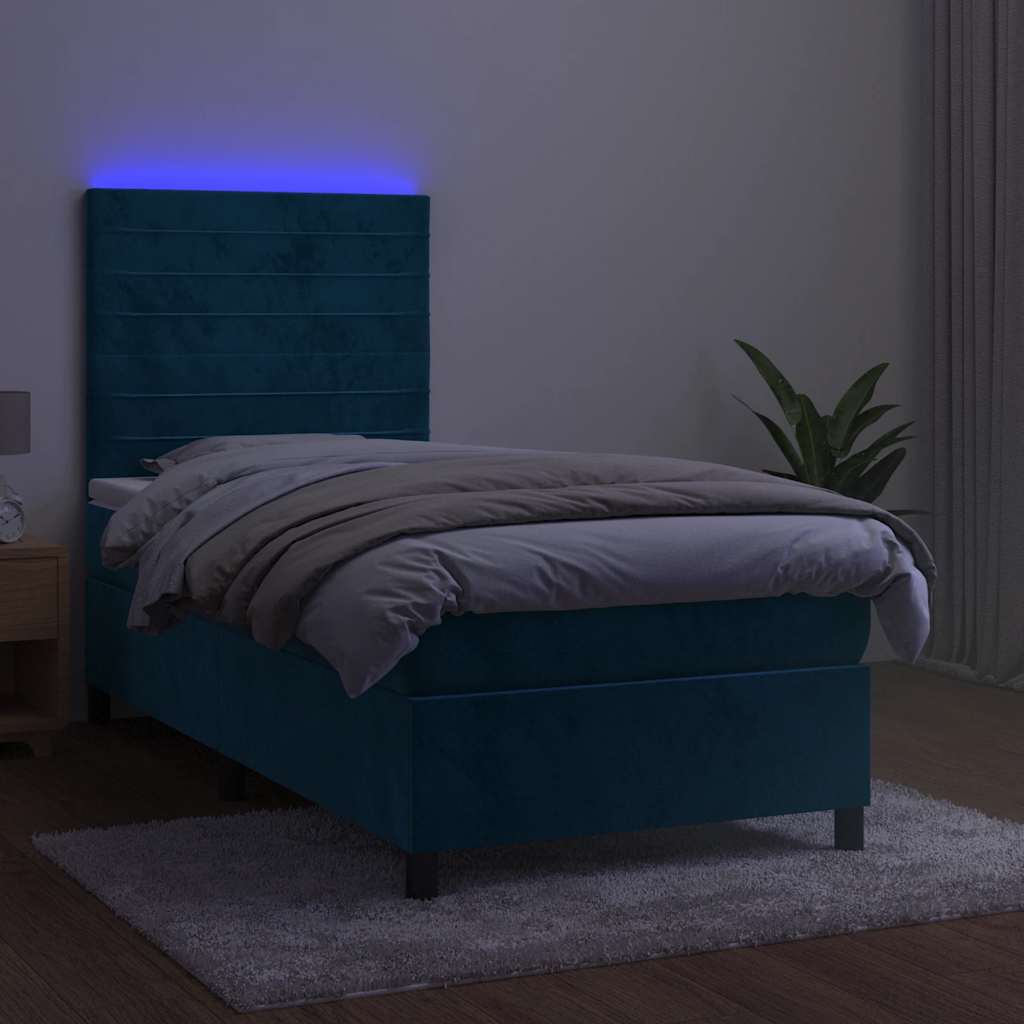 Sötétkék bársony rugós és LED-es ágy matraccal 90x190 cm 4