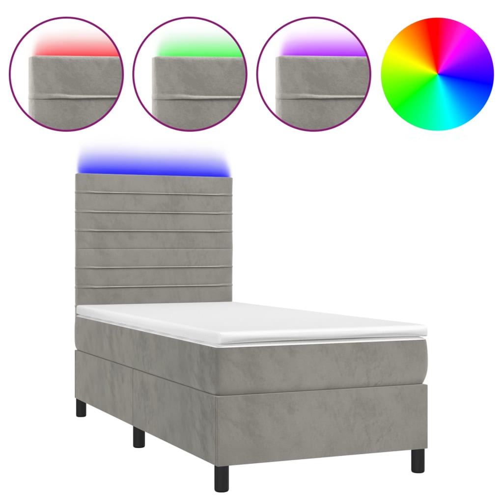 Világosszürke bársony rugós és LED-es ágy matraccal 100x200 cm 2