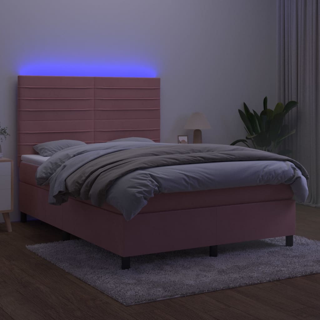 Rózsaszín bársony rugós és LED-es ágy matraccal 140x190 cm 4