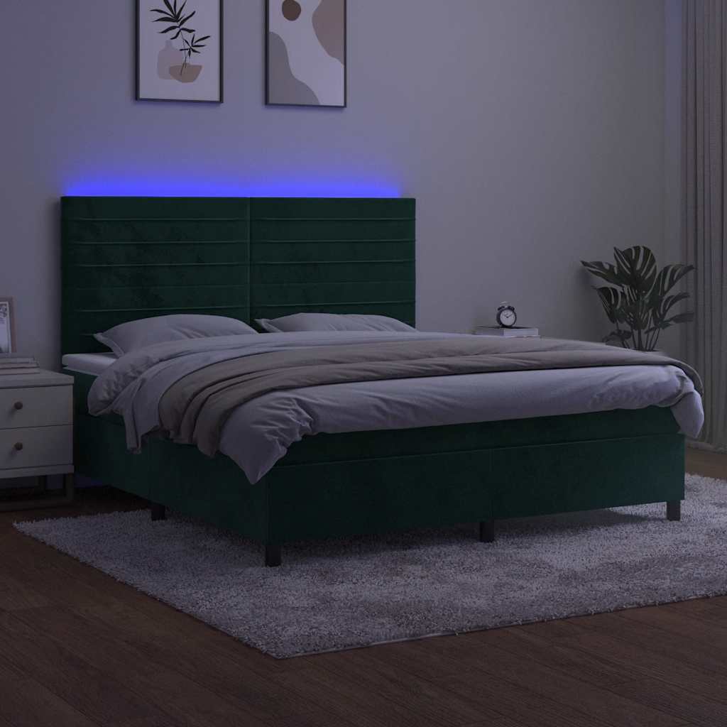 Sötétzöld bársony rugós és LED-es ágy matraccal 160x200 cm 4