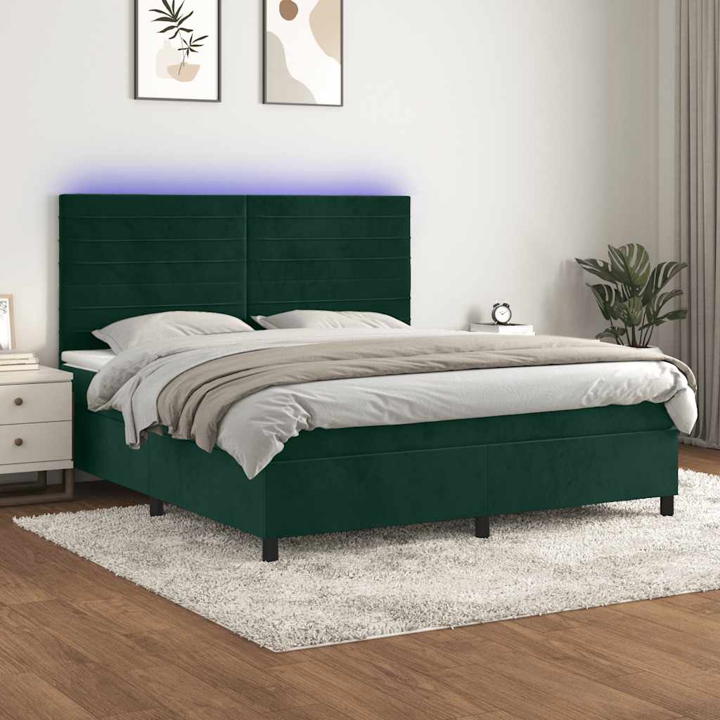 Sötétzöld bársony rugós és LED-es ágy matraccal 160x200 cm