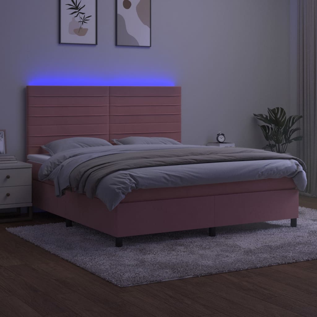 Rózsaszín bársony rugós és LED-es ágy matraccal 180x200 cm 4