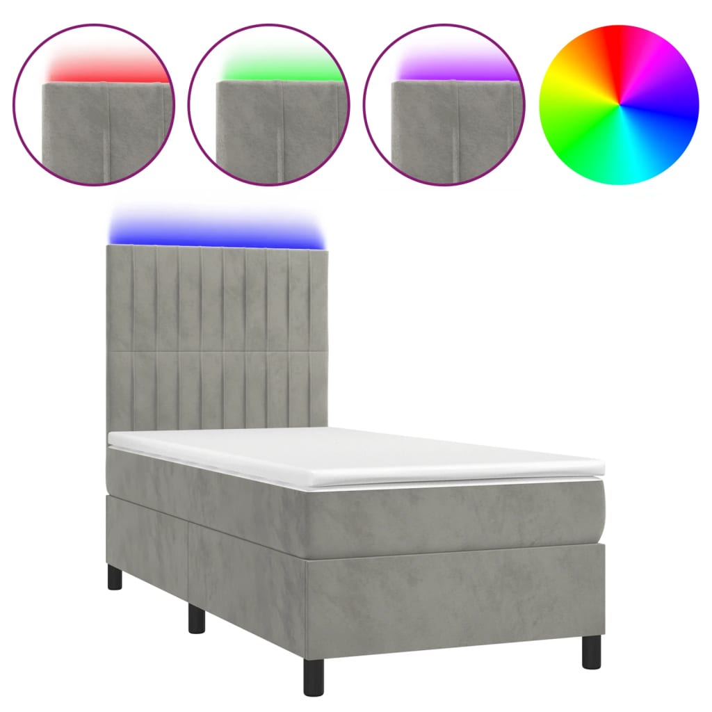 Világosszürke bársony rugós és LED-es ágy matraccal 80 x 200 cm 2