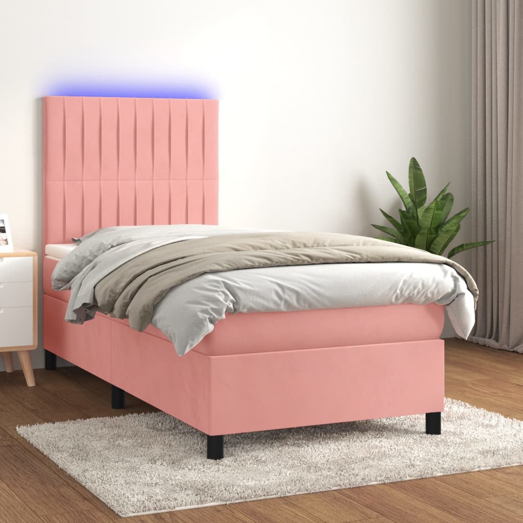 Rózsaszín bársony rugós és LED-es ágy matraccal 80 x 200 cm