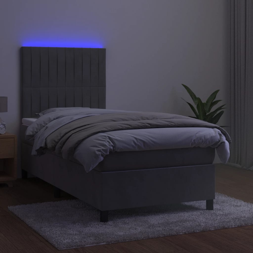 Világosszürke bársony rugós és LED-es ágy matraccal 90x200 cm 4