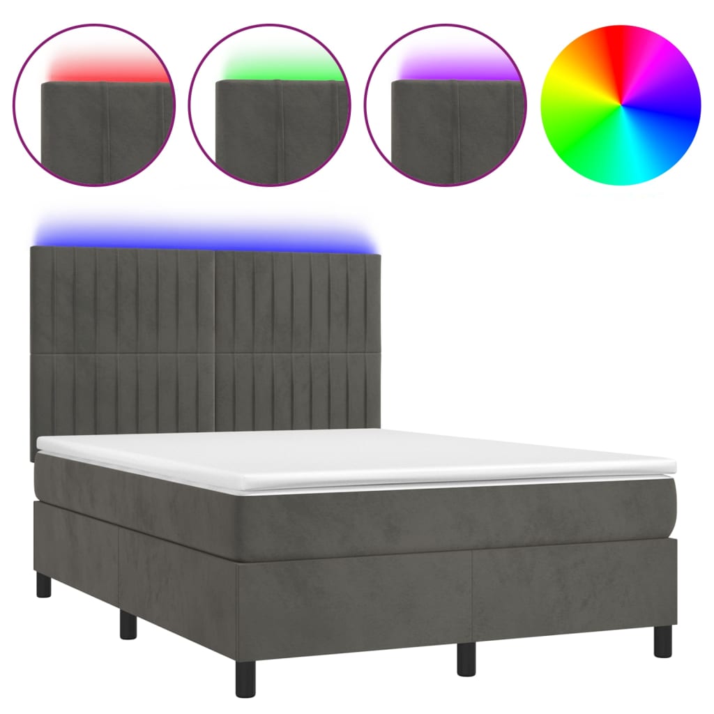 Sötétszürke bársony rugós és LED-es ágy matraccal 140x190 cm 2