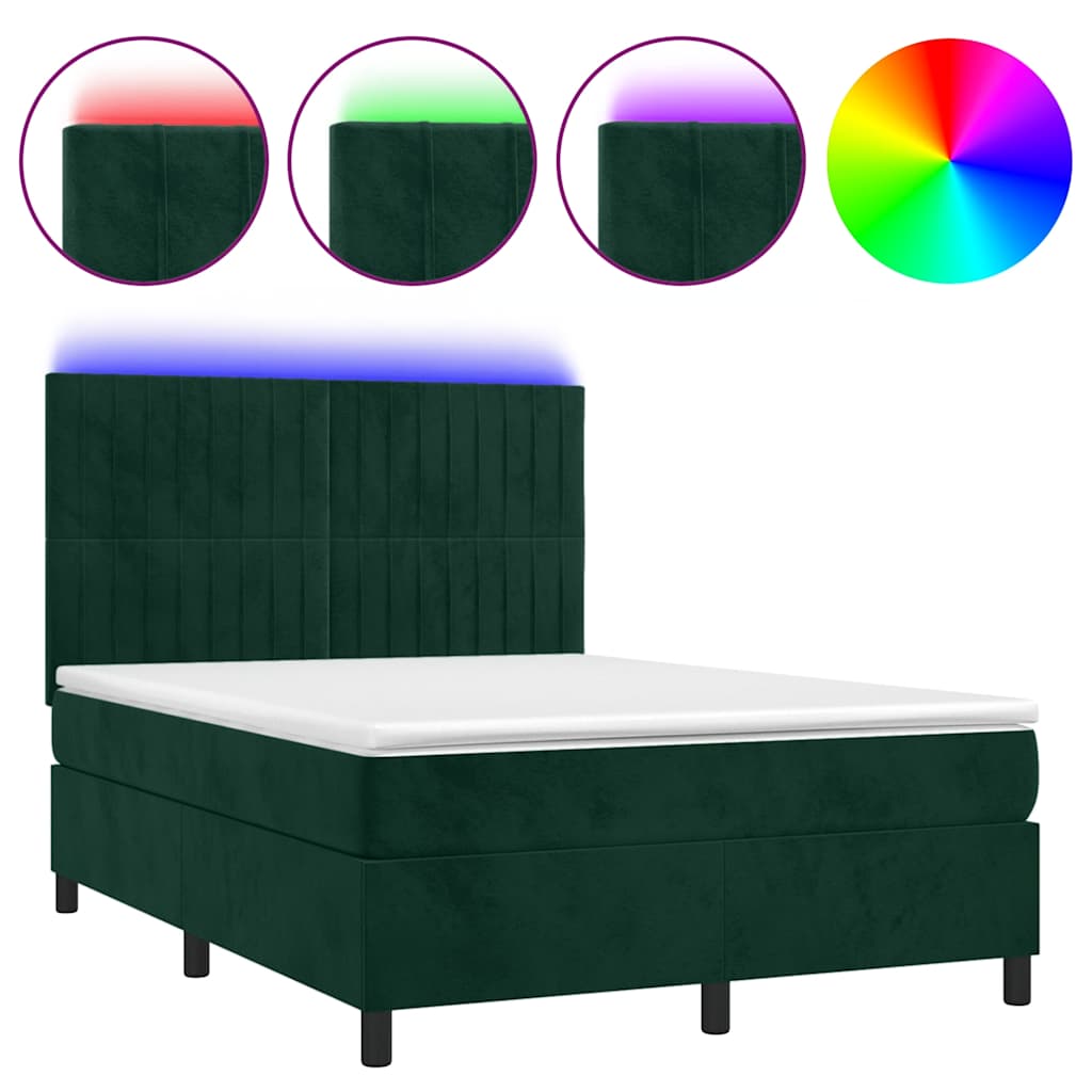 Sötétzöld bársony rugós és LED-es ágy matraccal 140x190 cm 2