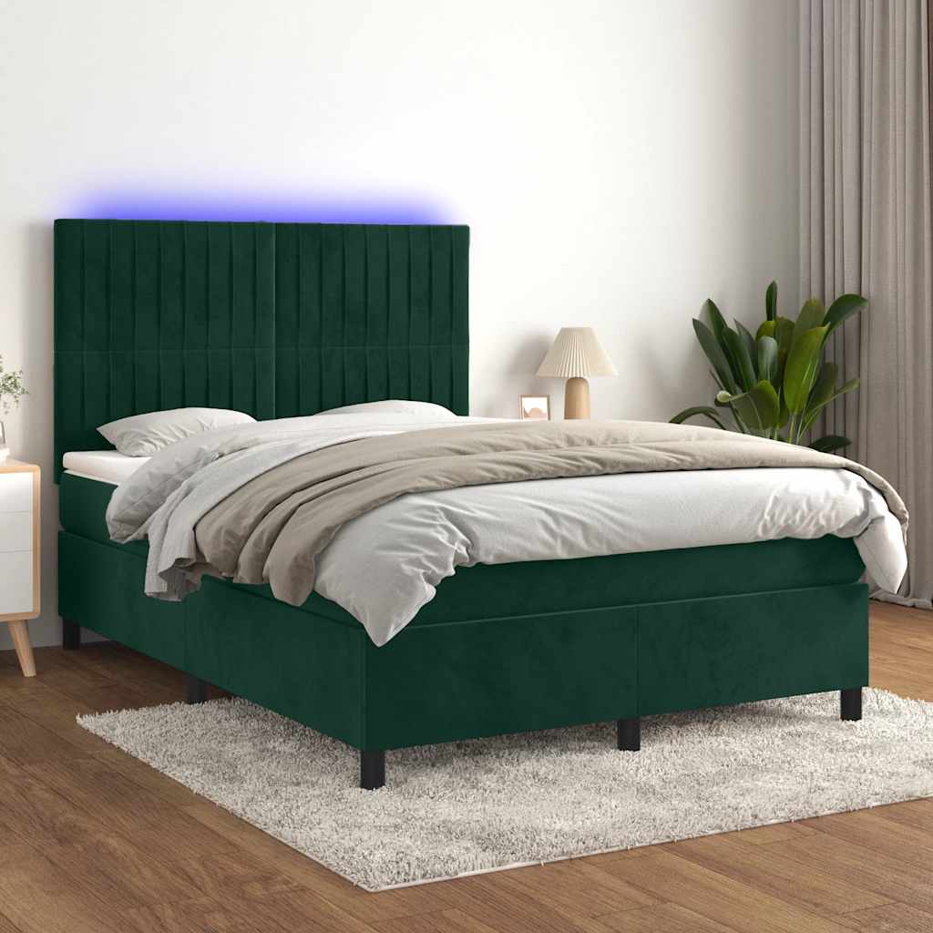 Sötétzöld bársony rugós és LED-es ágy matraccal 140x190 cm