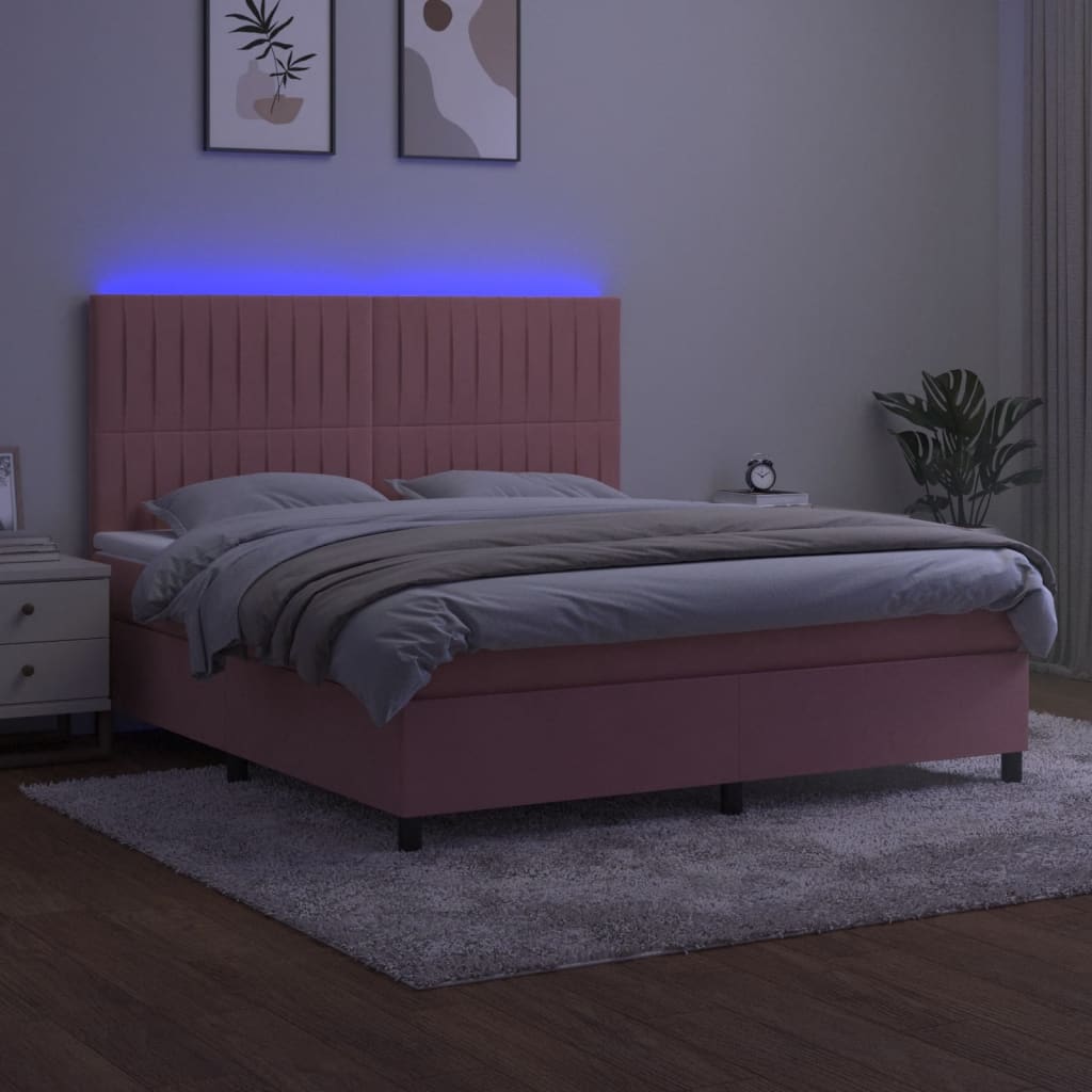 Rózsaszín bársony rugós és LED-es ágy matraccal 160x200 cm 4
