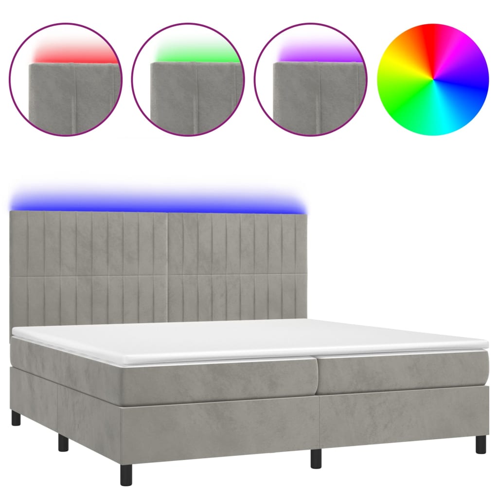 Világosszürke bársony rugós és LED-es ágy matraccal 200x200 cm 2