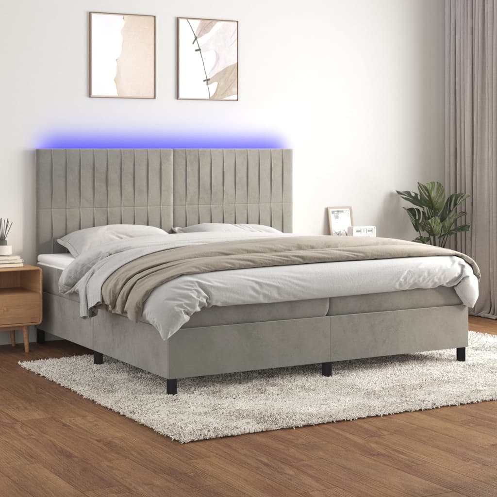 Világosszürke bársony rugós és LED-es ágy matraccal 200x200 cm