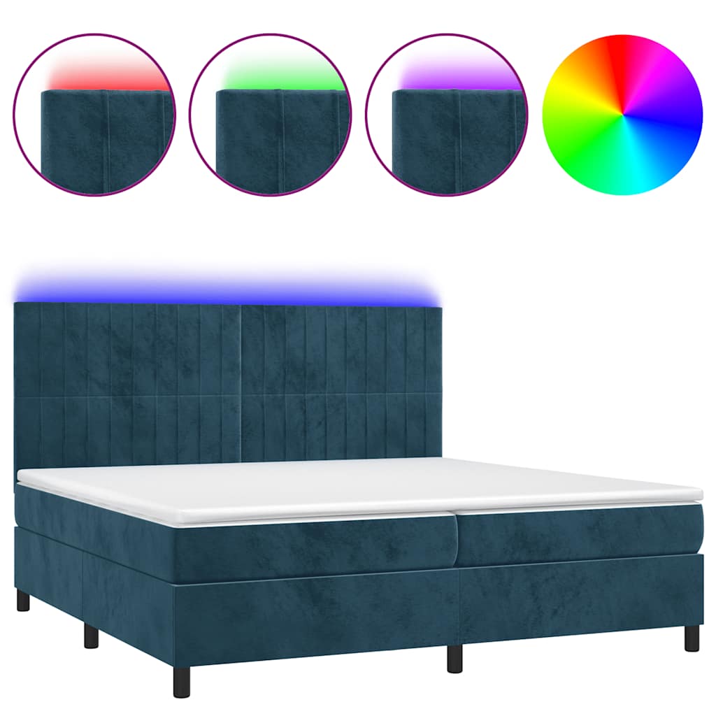 Sötétkék bársony rugós és LED-es ágy matraccal 200x200 cm 2