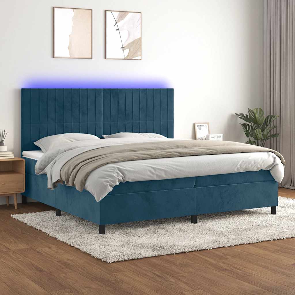 Sötétkék bársony rugós és LED-es ágy matraccal 200x200 cm