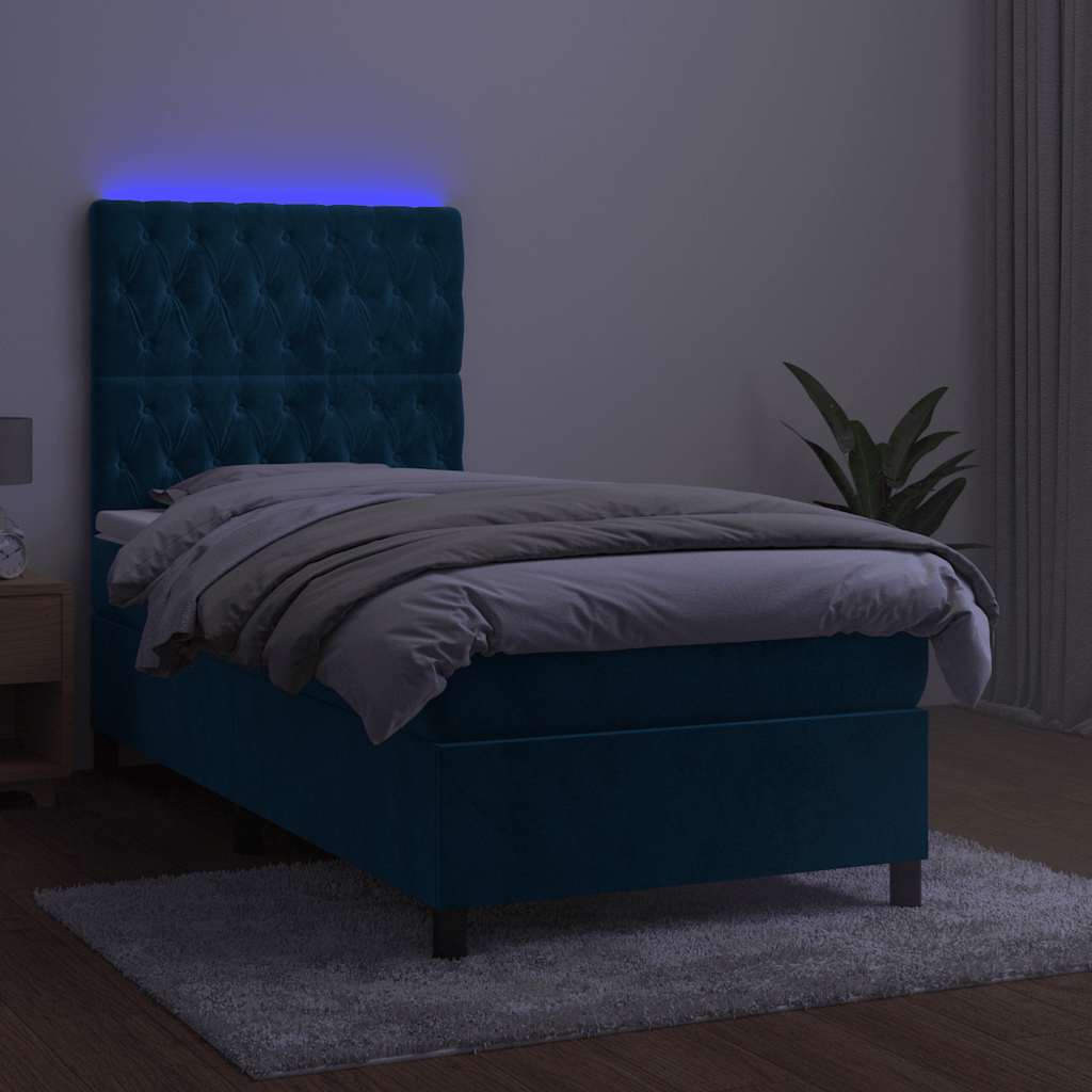 Sötétkék bársony rugós és LED-es ágy matraccal 80 x 200 cm 4