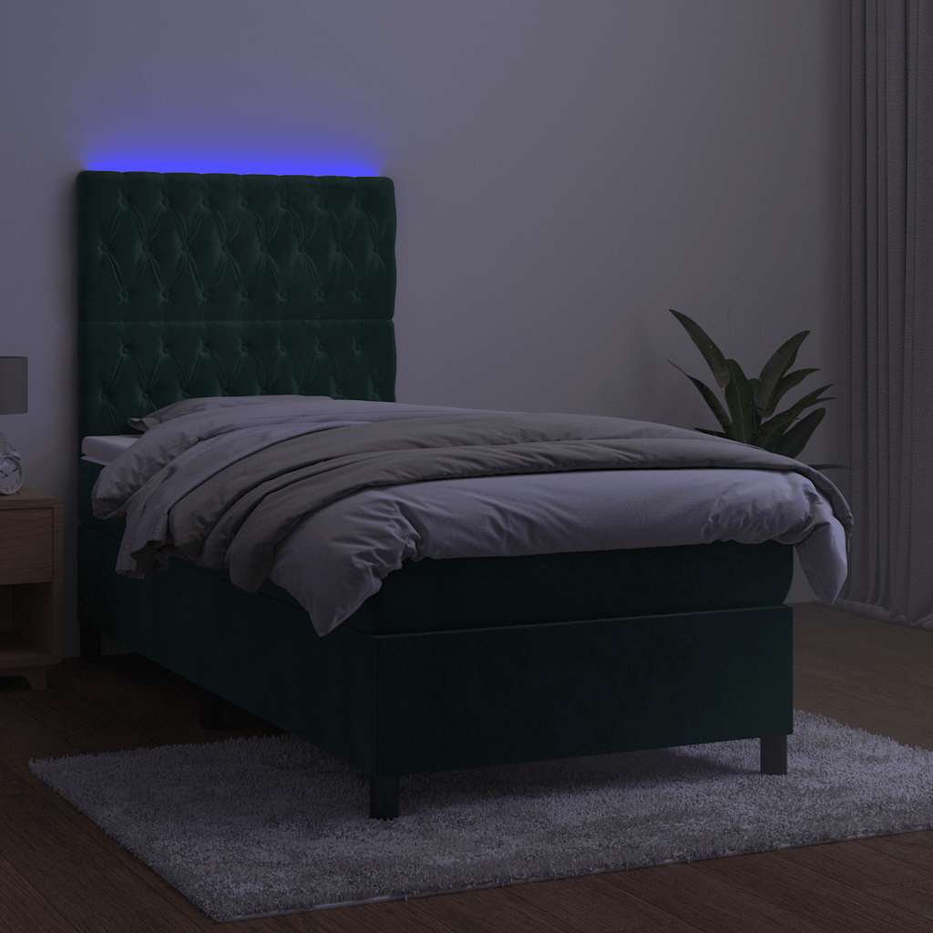 Sötétzöld bársony rugós és LED-es ágy matraccal 90x200 cm 4