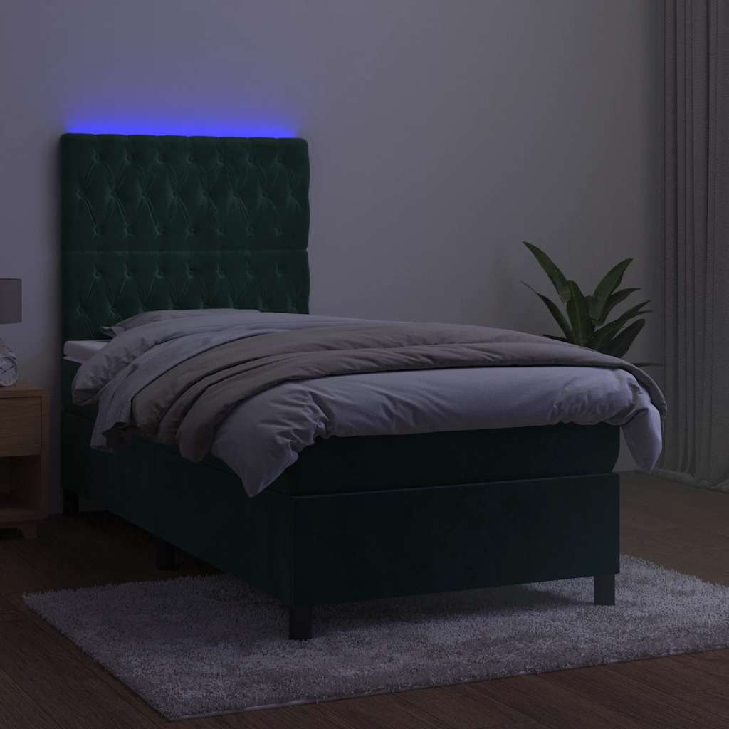 Sötétzöld bársony rugós és LED-es ágy matraccal 100x200 cm 4