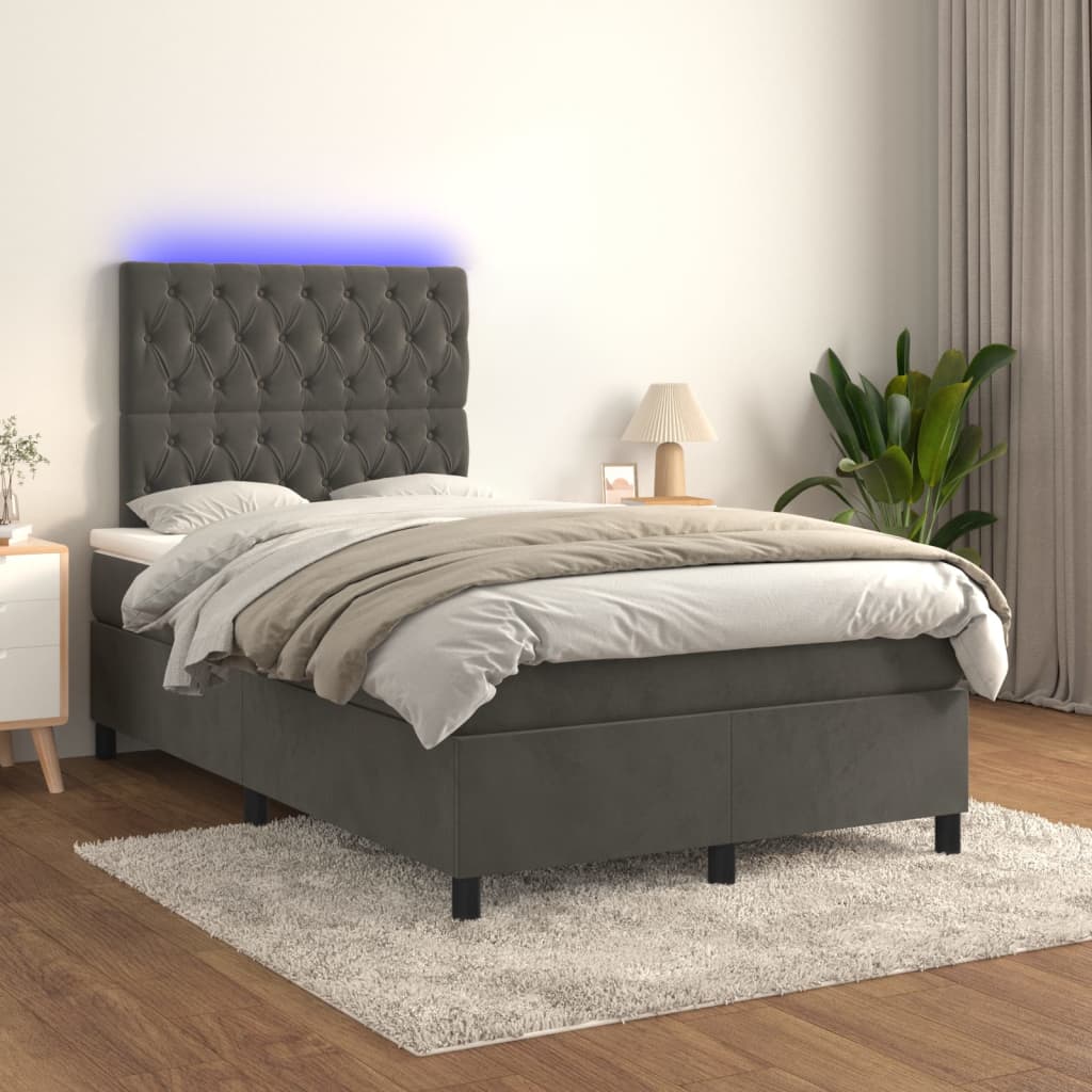 Sötétszürke bársony rugós és LED-es ágy matraccal 120x200 cm