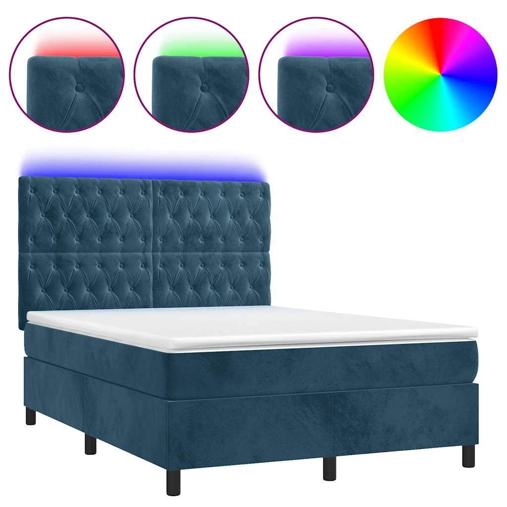 Sötétkék bársony rugós és LED-es ágy matraccal 140x190 cm 2