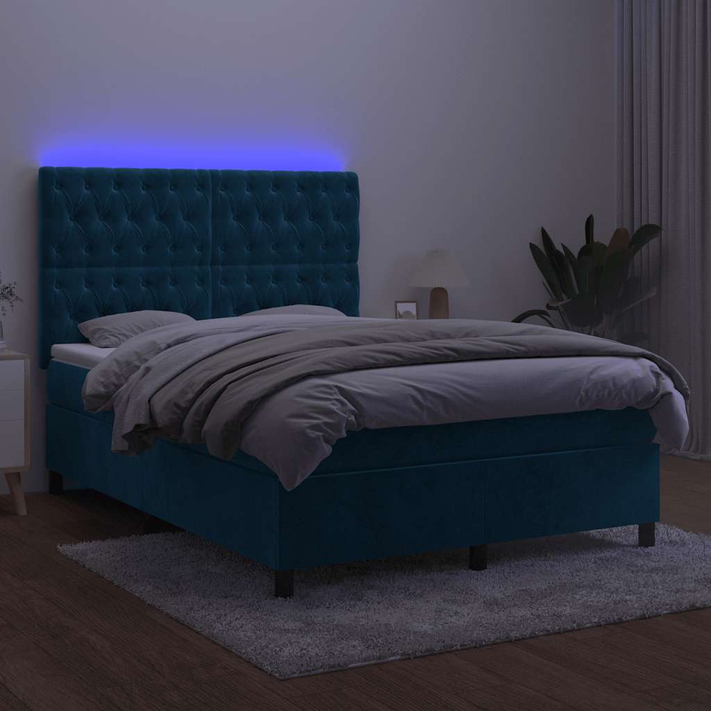 Sötétkék bársony rugós és LED-es ágy matraccal 140x190 cm 4