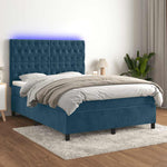 Sötétkék bársony rugós és LED-es ágy matraccal 140x190 cm