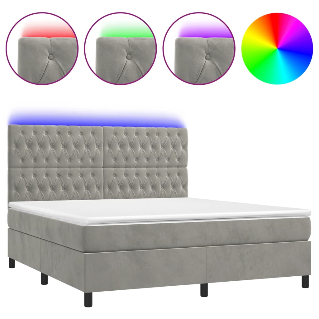 Világosszürke bársony rugós és LED-es ágy matraccal 160x200 cm 2
