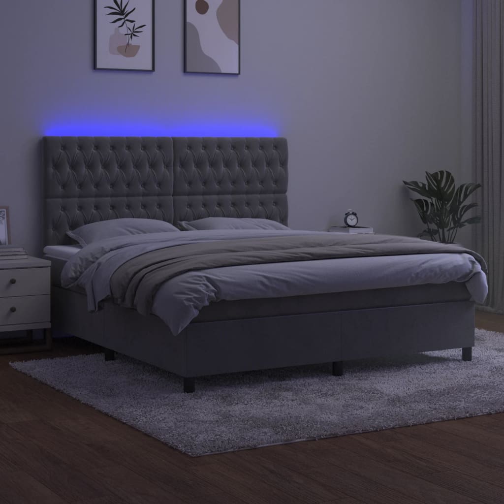 Világosszürke bársony rugós és LED-es ágy matraccal 160x200 cm 4