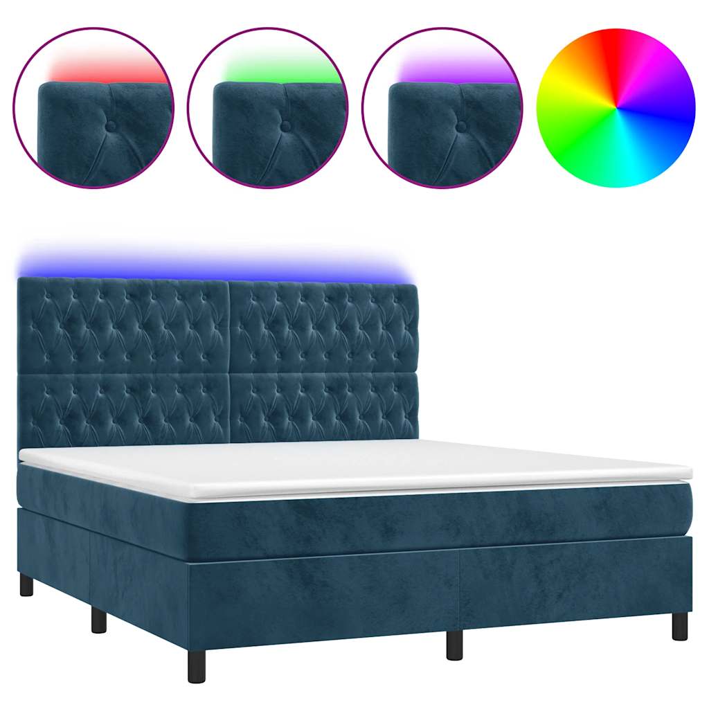 Sötétkék bársony rugós és LED-es ágy matraccal 160x200 cm 2