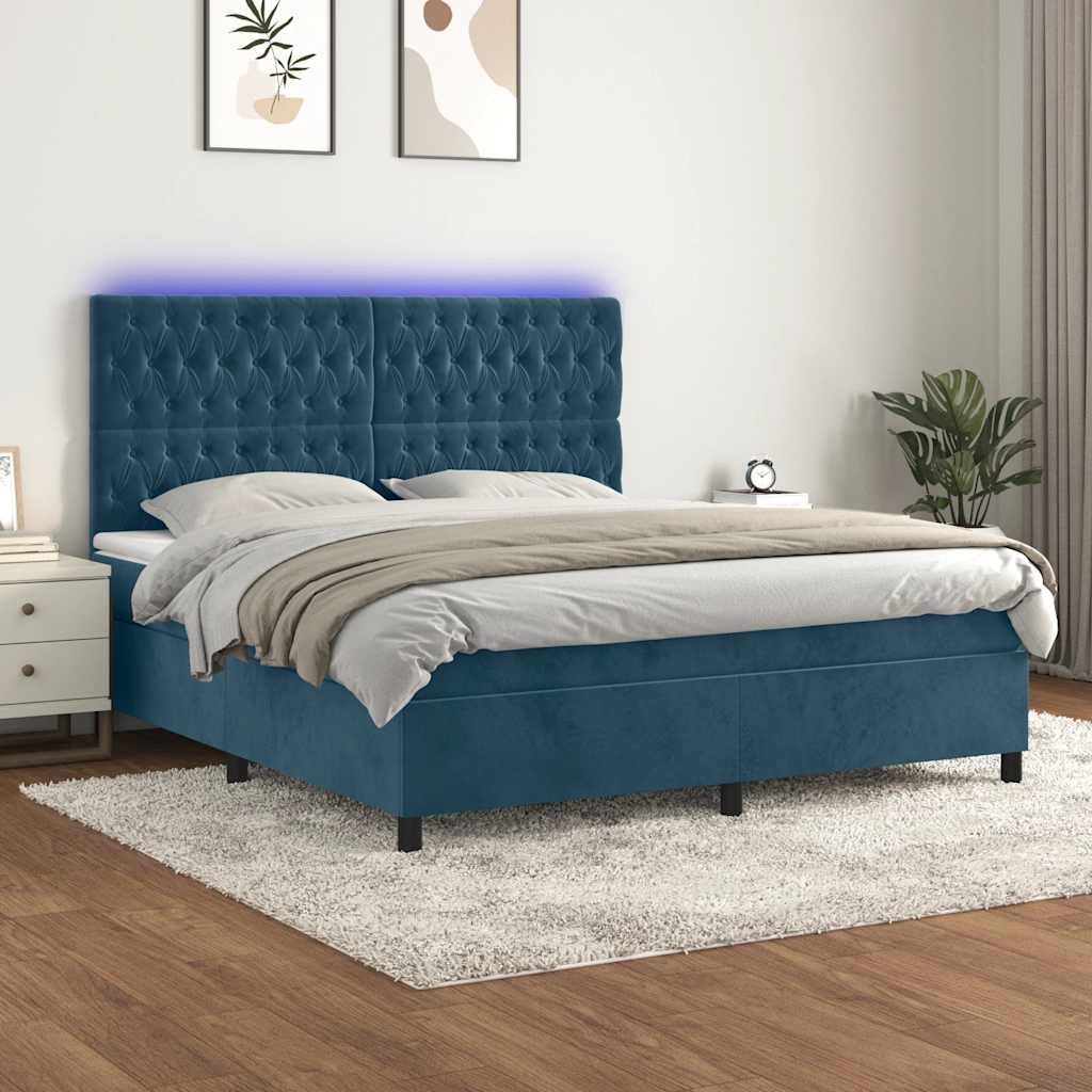 Sötétkék bársony rugós és LED-es ágy matraccal 160x200 cm