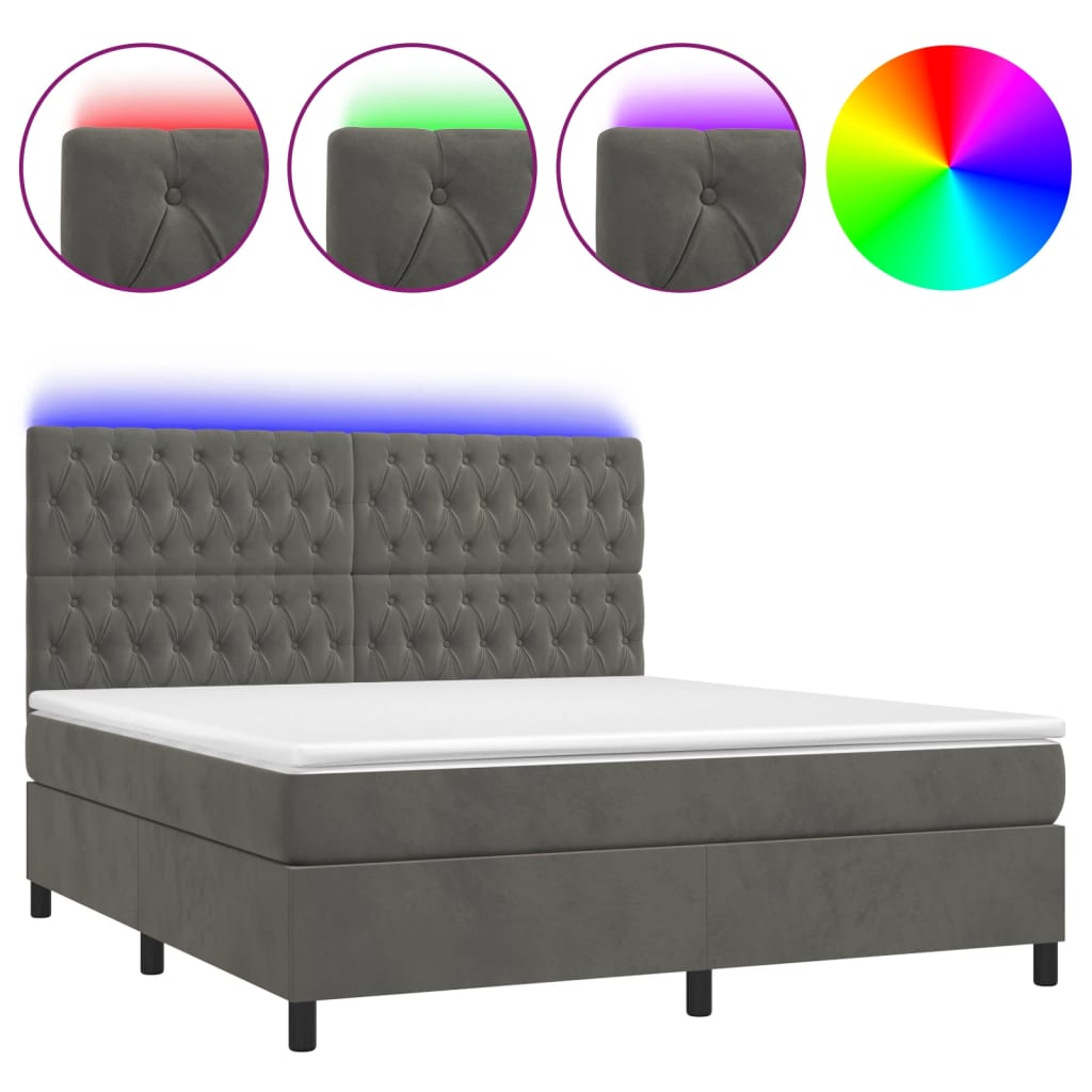 Sötétszürke bársony rugós és LED-es ágy matraccal 180x200 cm 2