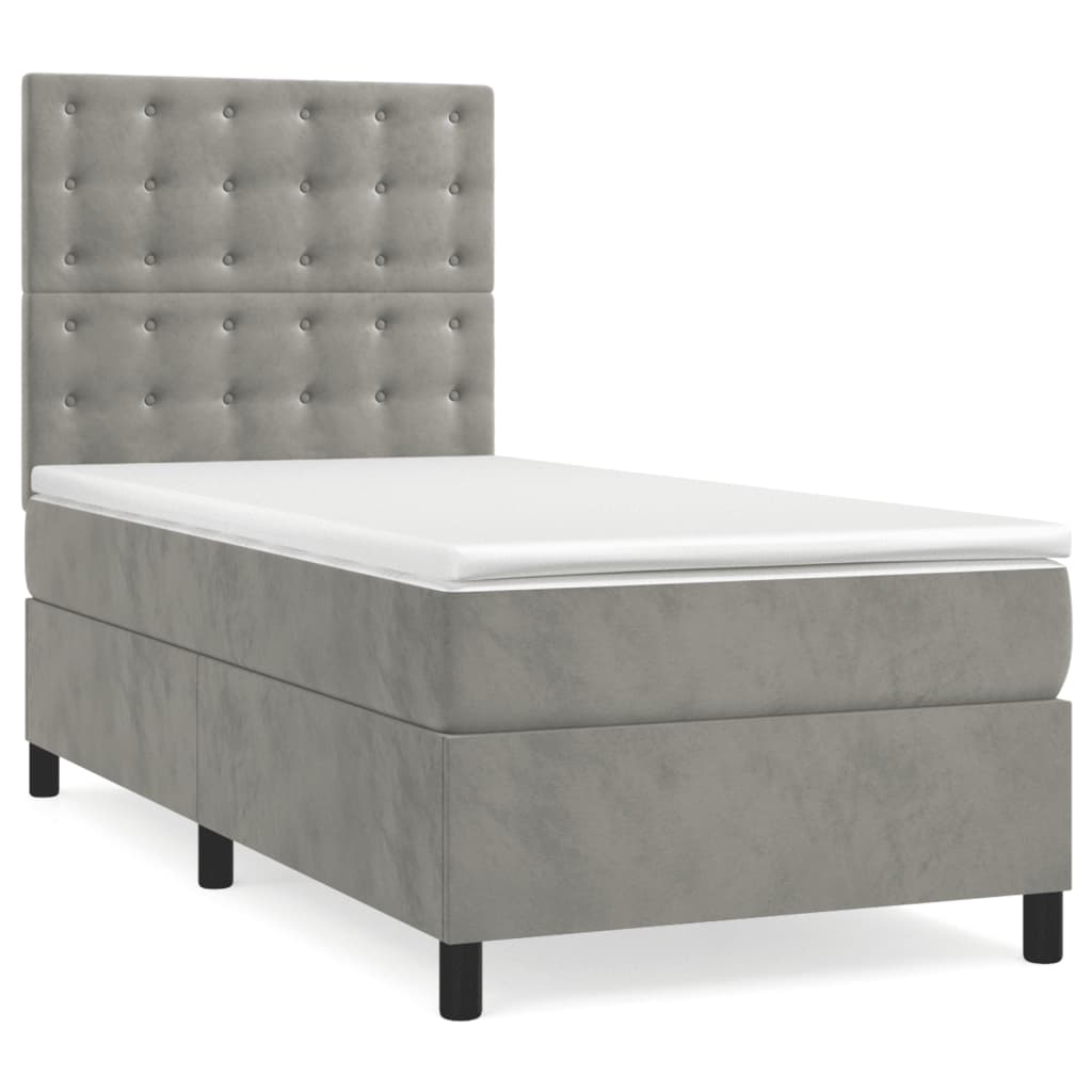 Világosszürke bársony rugós és LED-es ágy matraccal 90x200 cm 3