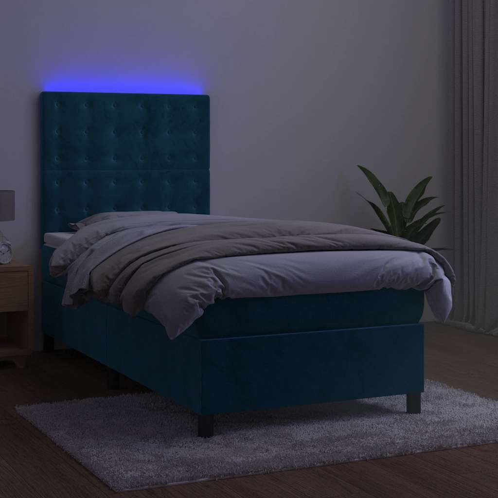 Sötétkék bársony rugós és LED-es ágy matraccal 90x200 cm 4