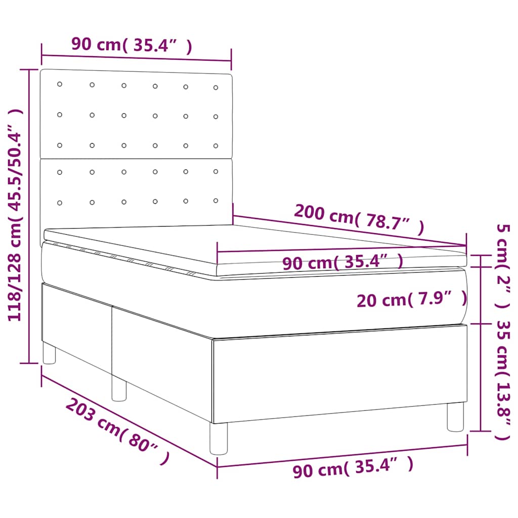 Sötétkék bársony rugós és LED-es ágy matraccal 90x200 cm 10