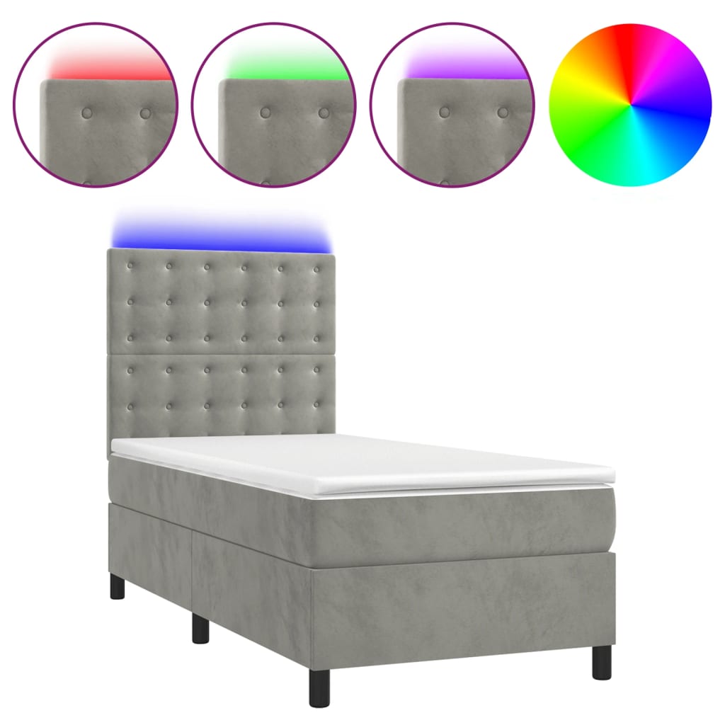 Világosszürke bársony rugós és LED-es ágy matraccal 100x200 cm 2