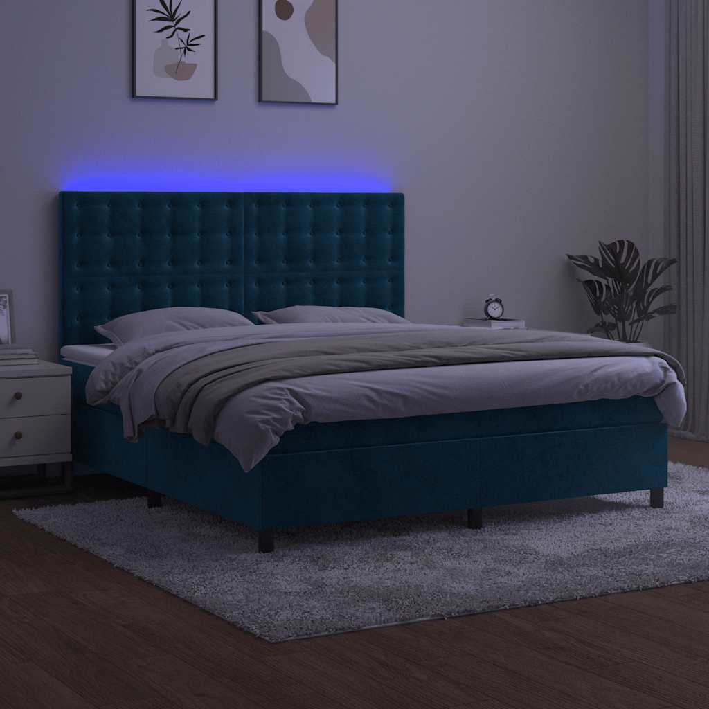 Sötétkék bársony rugós és LED-es ágy matraccal 180x200 cm 3
