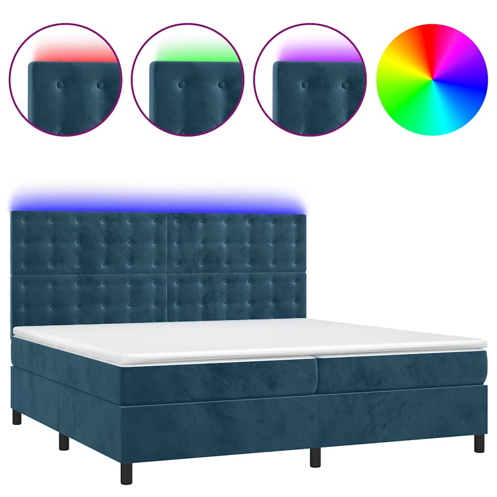 Sötétkék bársony rugós és LED-es ágy matraccal 200x200 cm 2