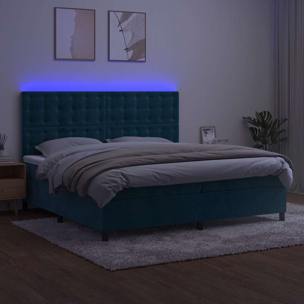 Sötétkék bársony rugós és LED-es ágy matraccal 200x200 cm 4