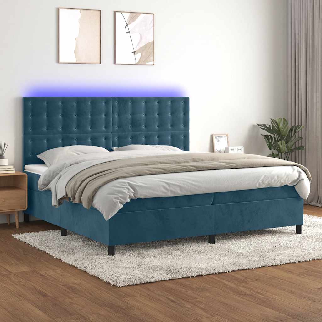 Sötétkék bársony rugós és LED-es ágy matraccal 200x200 cm