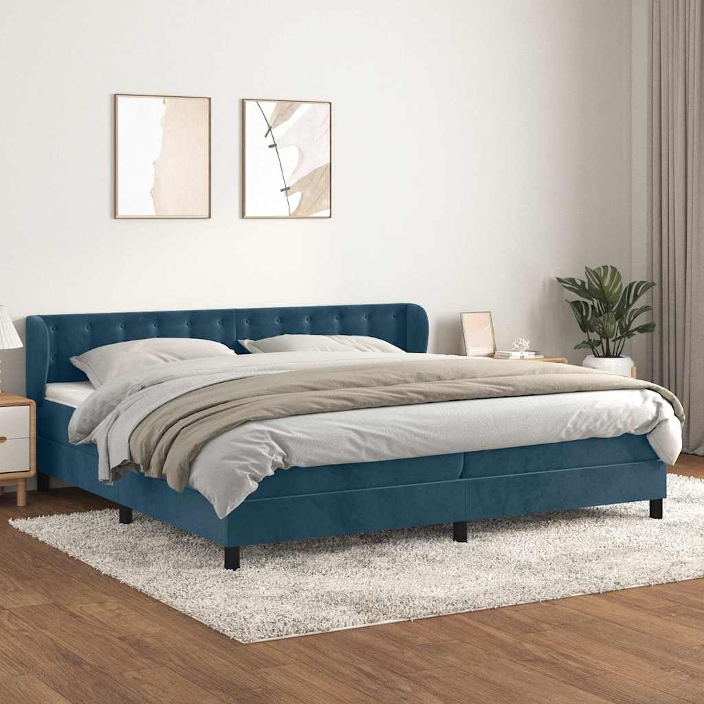 Sötétkék bársony rugós ágy matraccal 200x200 cm