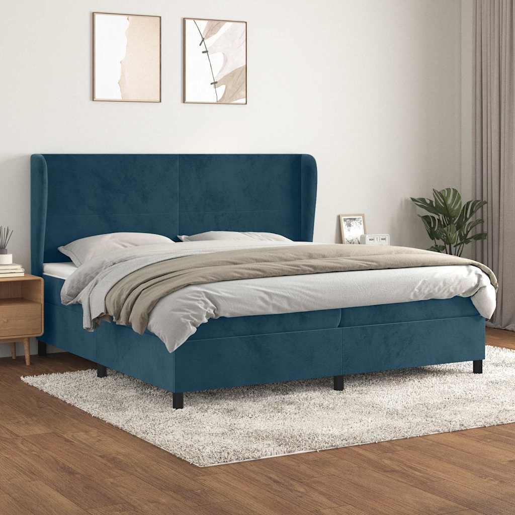 Sötétkék bársony rugós ágy matraccal 200x200 cm