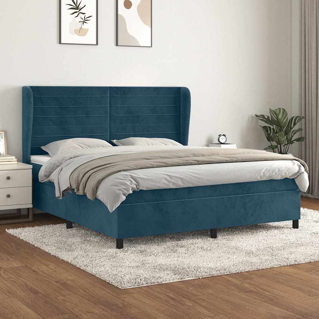 Sötétkék bársony rugós ágy matraccal 160x200 cm