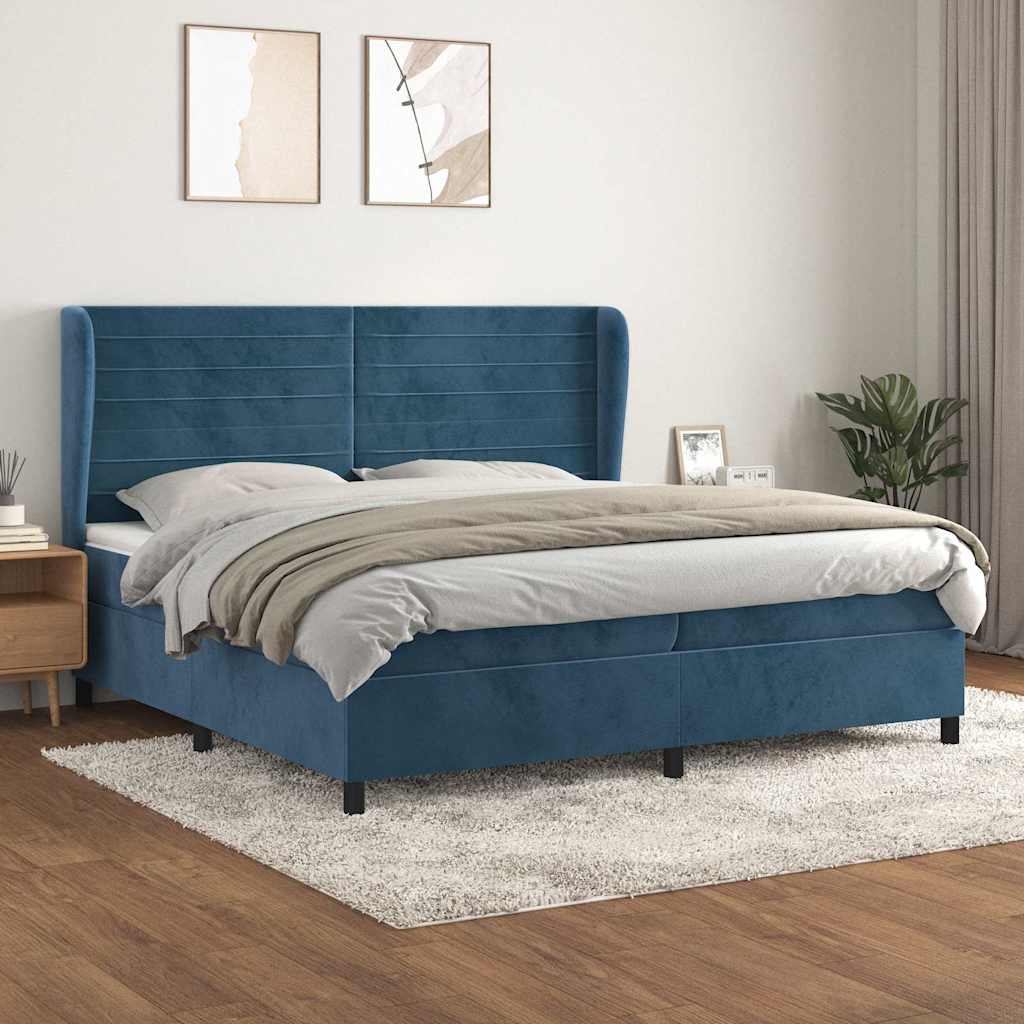 Sötétkék bársony rugós ágy matraccal 200x200 cm