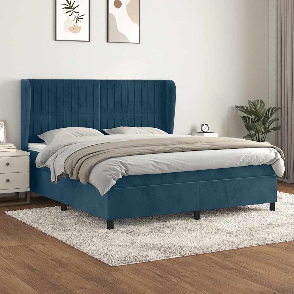 Sötétkék bársony rugós ágy matraccal 180x200 cm