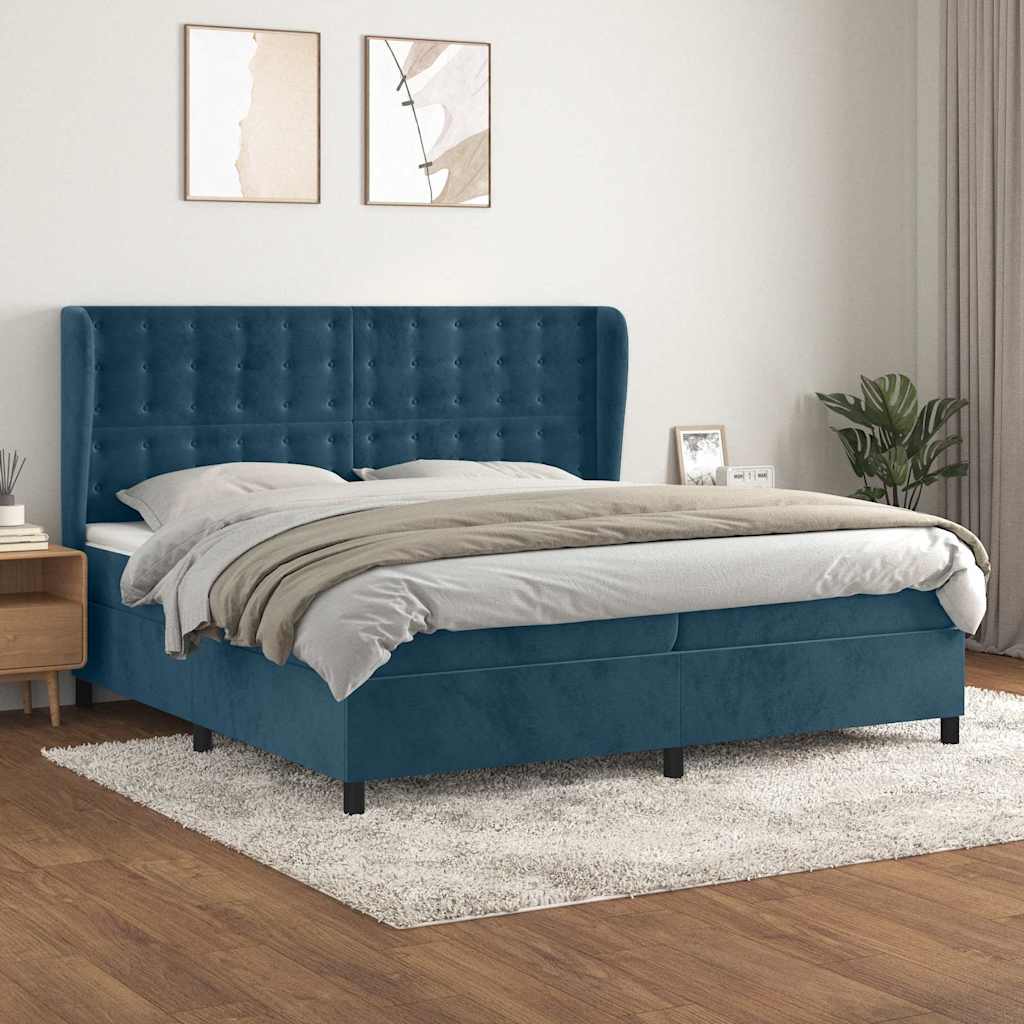 Sötétkék bársony rugós ágy matraccal 200x200 cm