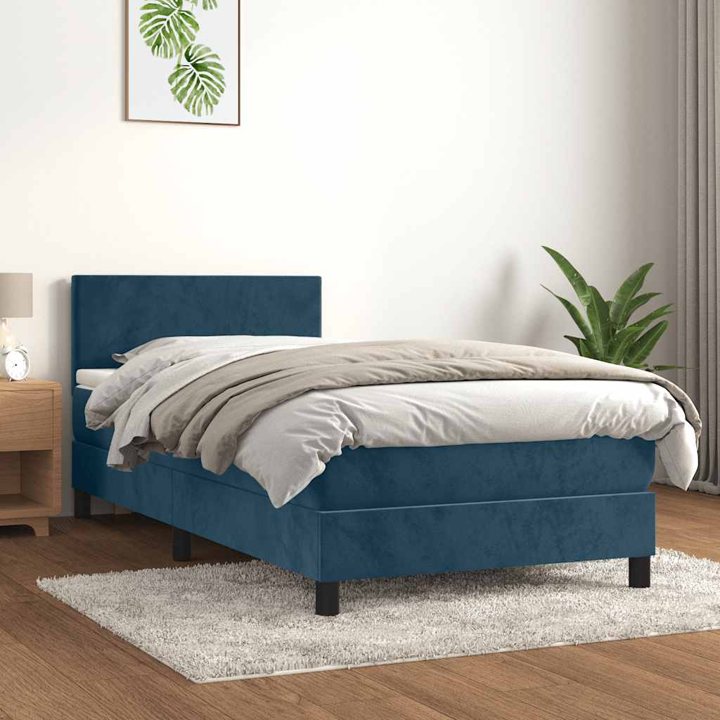 Sötétkék bársony rugós ágy matraccal 80 x 200 cm