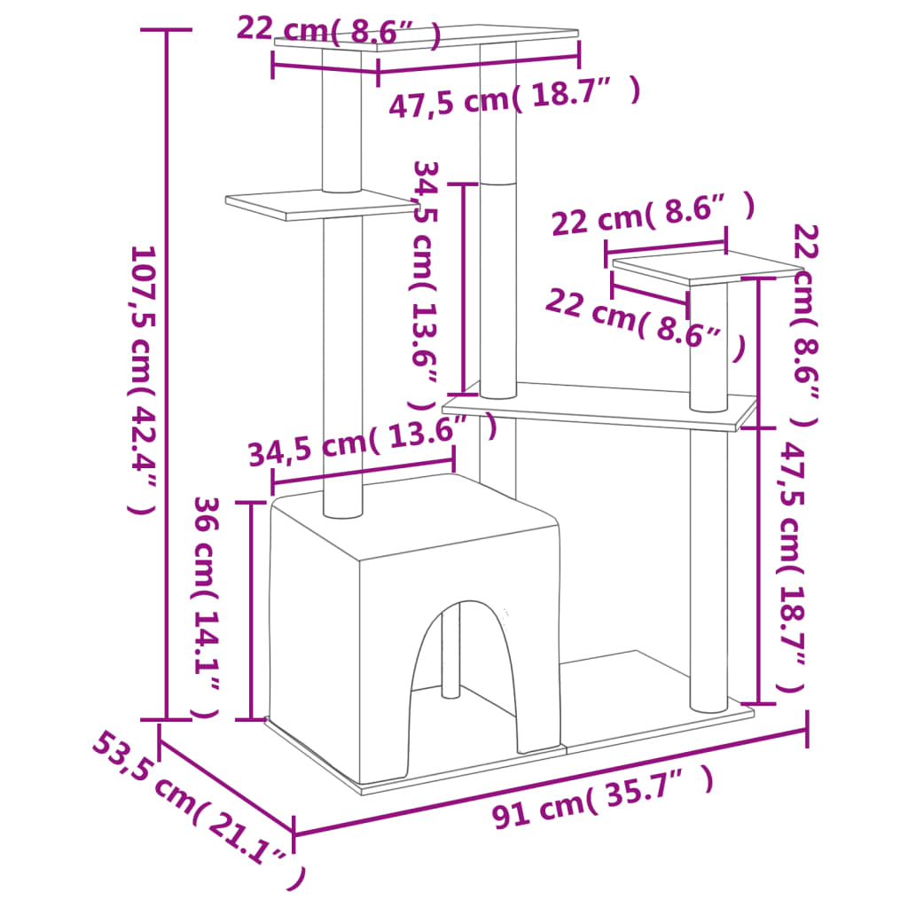 Krémszínű macskabútor szizál kaparófákkal 107,5 cm 7