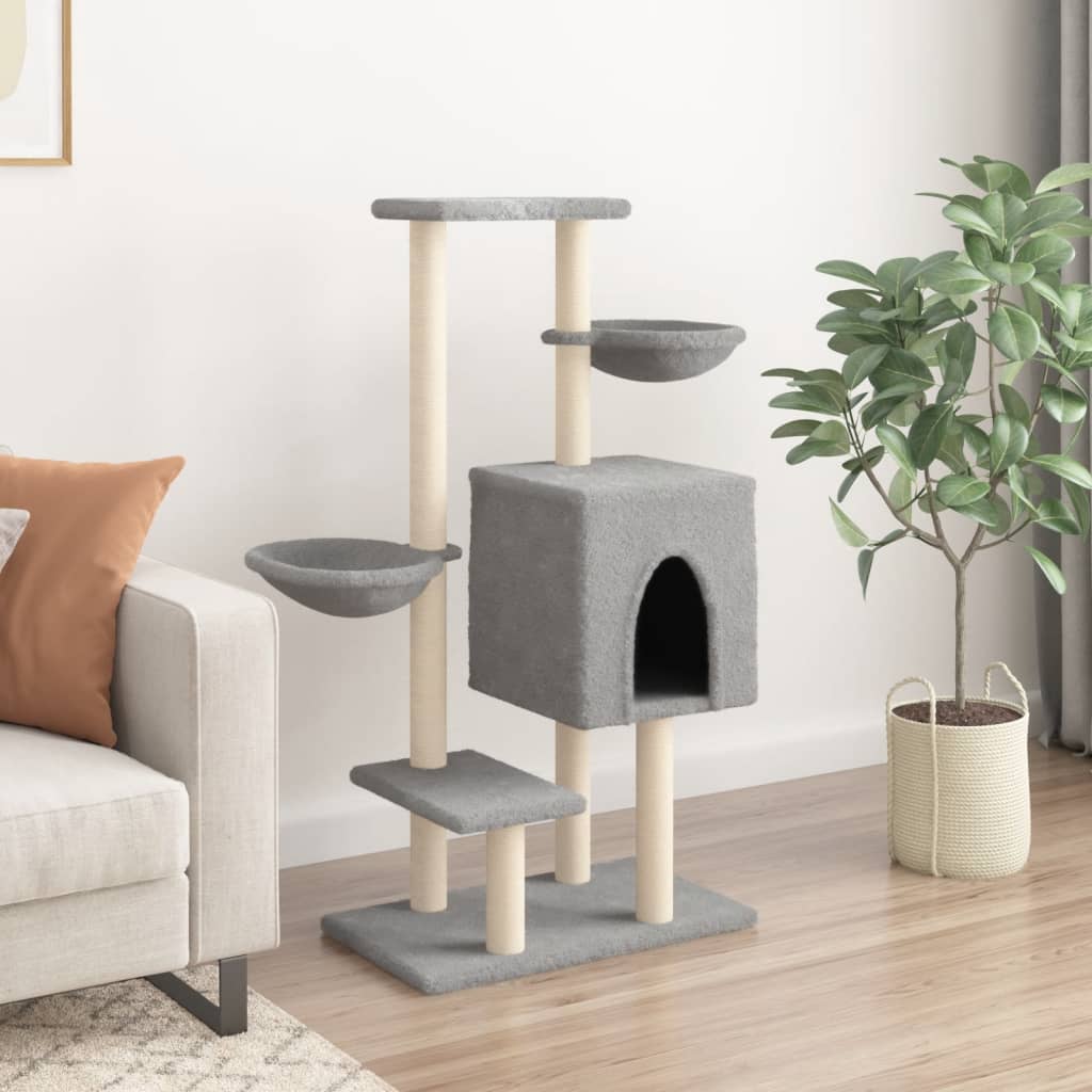 Világosszürke macskabútor szizál kaparófákkal 117 cm 3