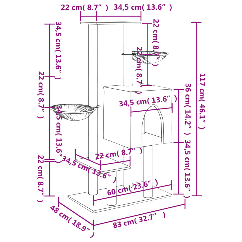 Világosszürke macskabútor szizál kaparófákkal 117 cm 9