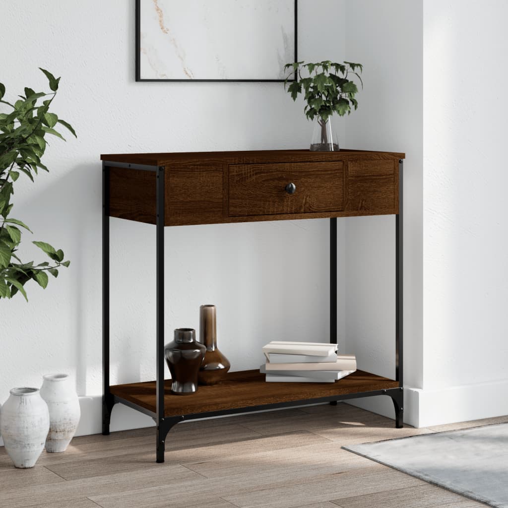 Barna tölgyszínű szerelt fa tálalóasztal 75 x 34,5 x 75 cm