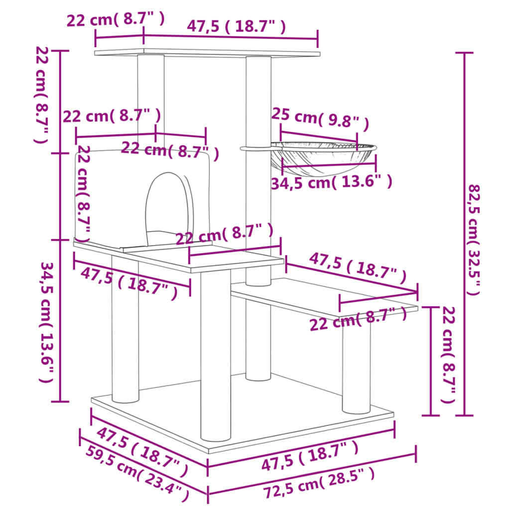 Sötétszürke macskabútor szizál kaparófával 82,5 cm 8